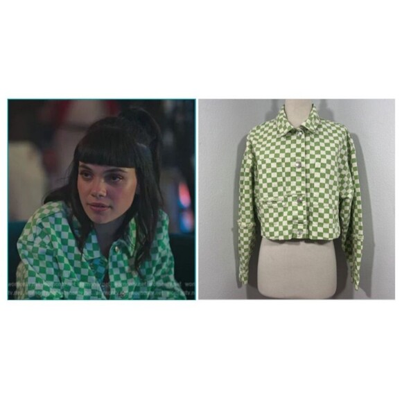 Crop Denim Jacket Women‎ L Checkerboard ASO Mencia Blanco Elite Grunge 90s Y2K - Picture 1 of 12